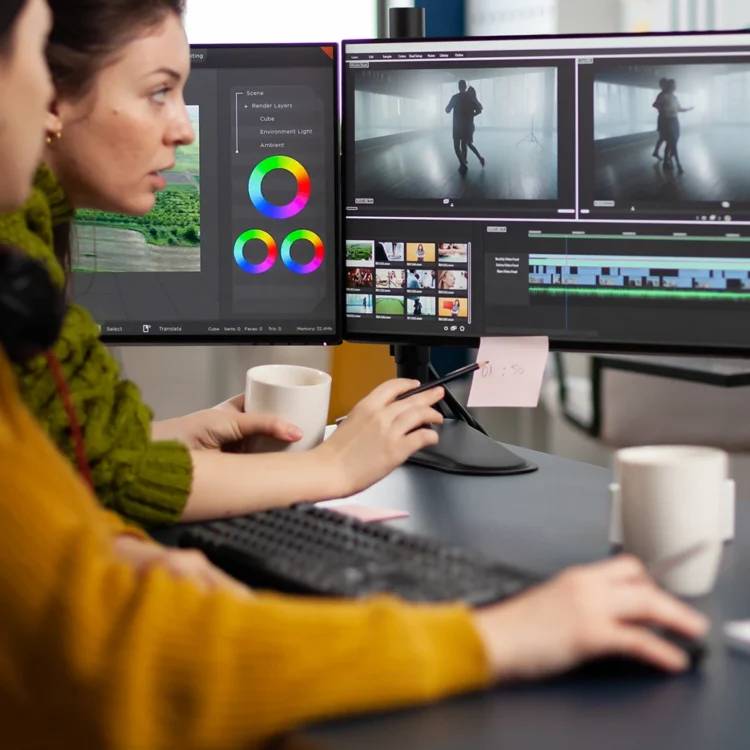 Women video editing on screen