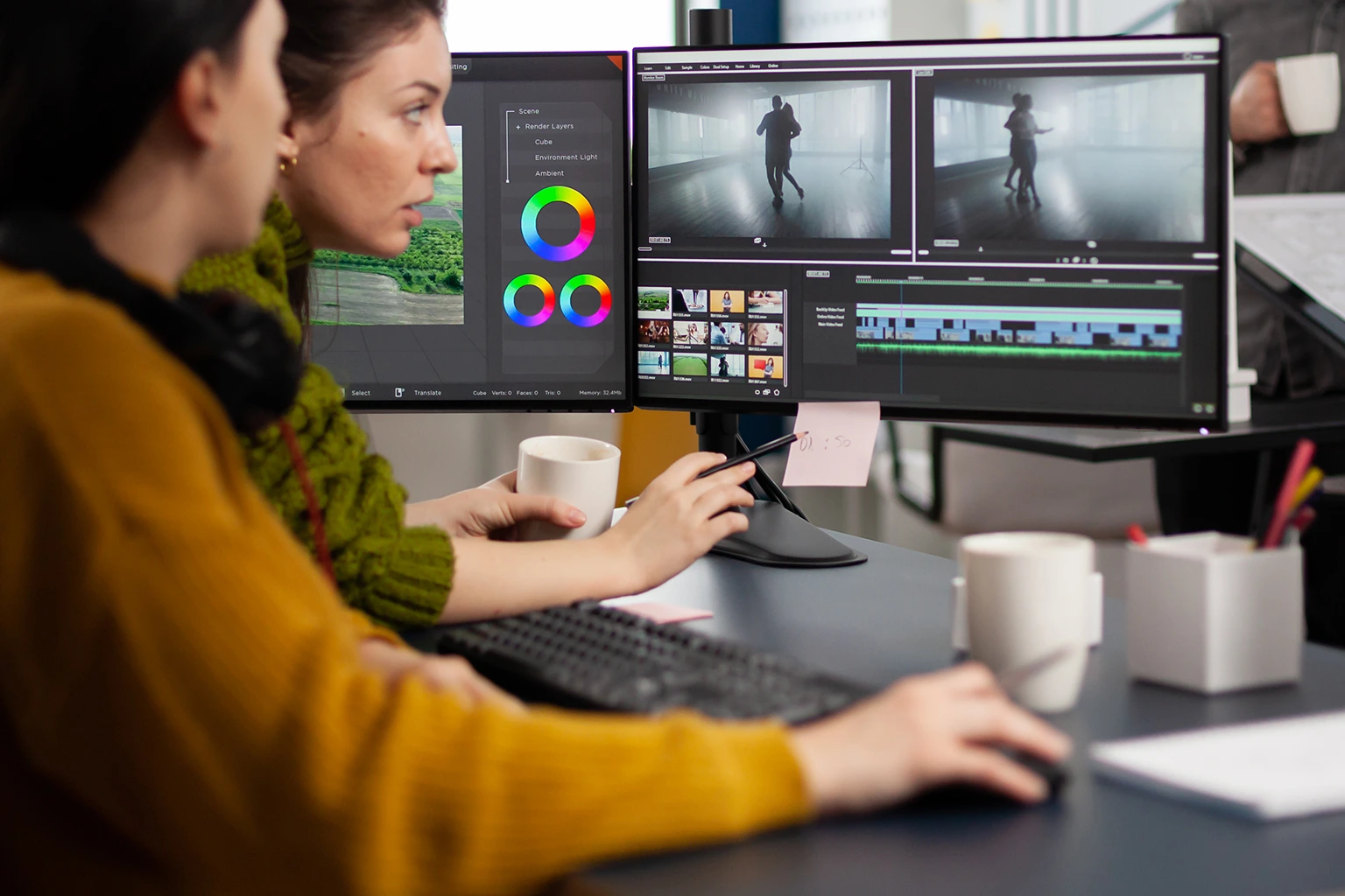 Women video editing on screen